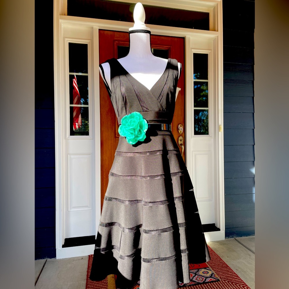 White House Black Market Size 6 Black cocktail dress with aqua flowered belt